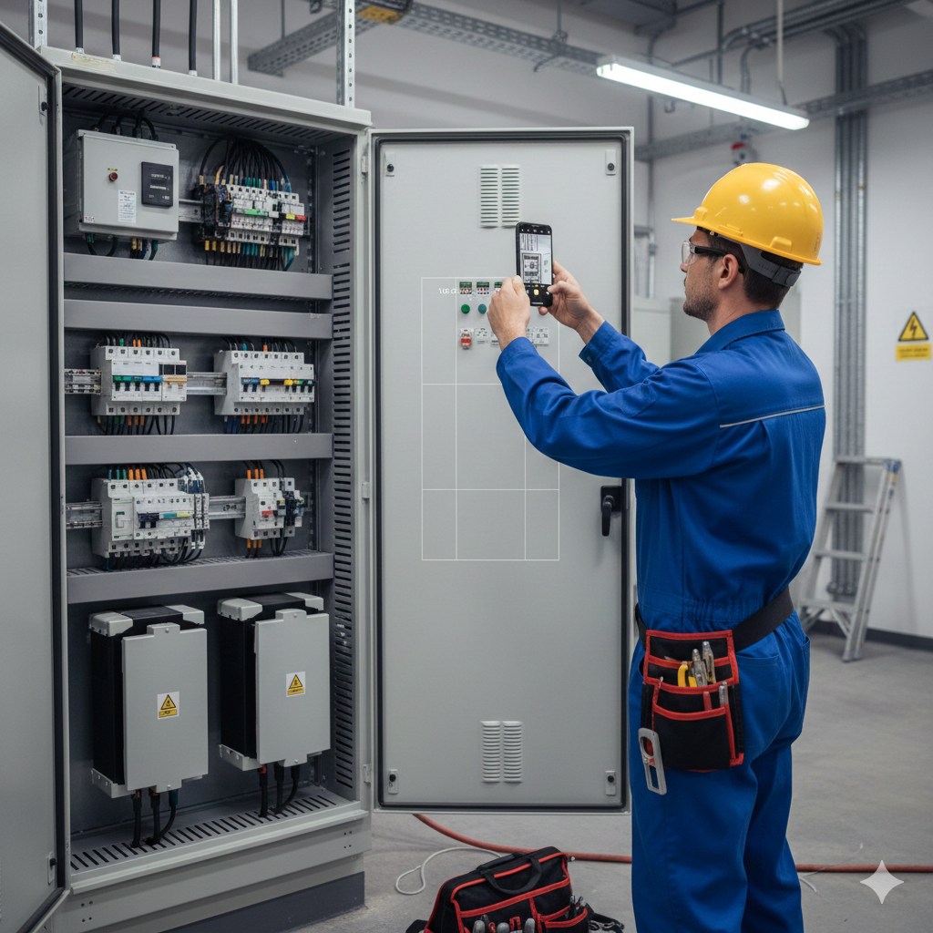 Técnico fotografiando desde Reporte Móvil reparación en cuadro eléctrico Tecnico fotografiando desde Reporte Movil reparacion en cuadro eléctrico