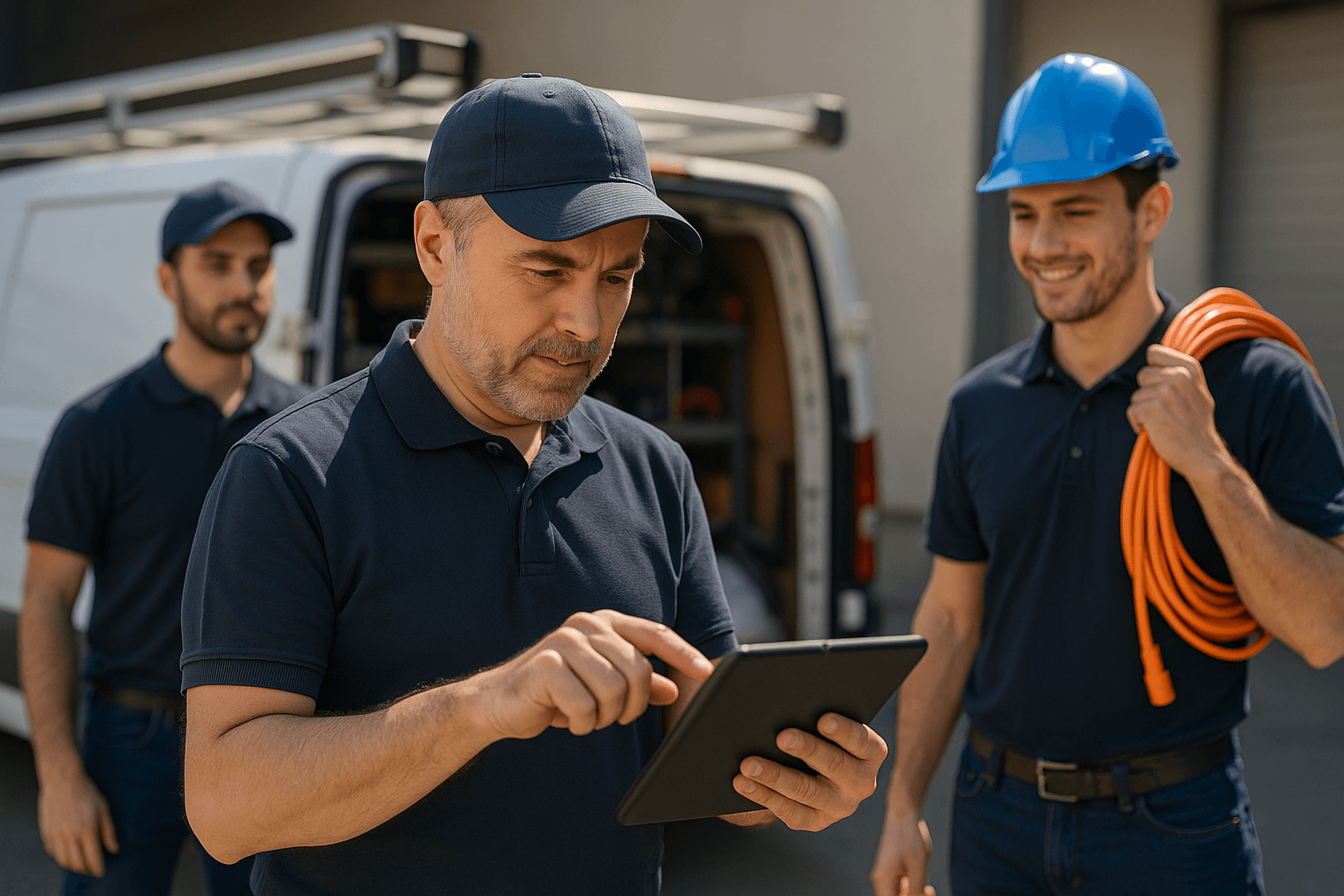 Equipo de operarios coordinando tareas con una Reporte Móvil y la furgoneta de trabajo Operarios de mantenimiento e instalaciones revisando órdenes de trabajo con Reporte Móvil en una tablet junto a una furgoneta de servicio.