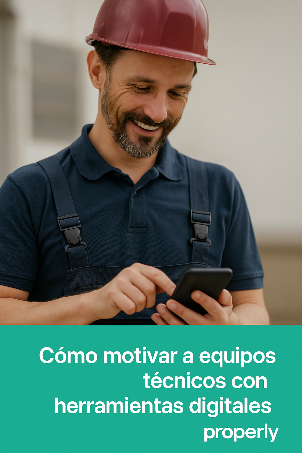 Técnico motivado utilizando Reporte Móvil para mejorar su trabajo diario Técnico sonriendo mientras utiliza en su móvil la app de Reporte Móvil de Properly, representando cómo las herramientas digitales mejoran la motivación y el trabajo en campo.