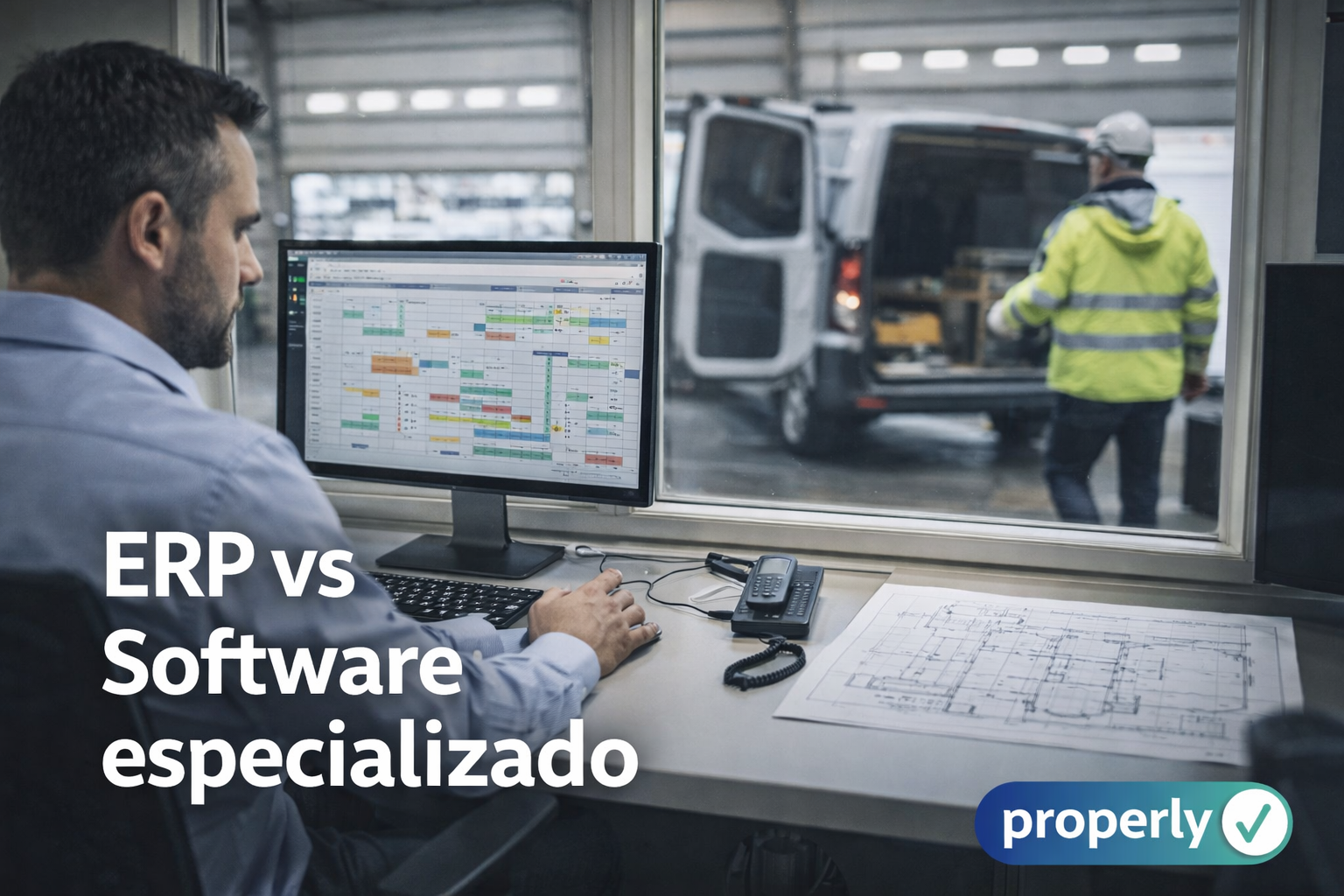 Responsable de empresa instaladora planificando trabajos en software mientras técnico prepara intervención en almacén