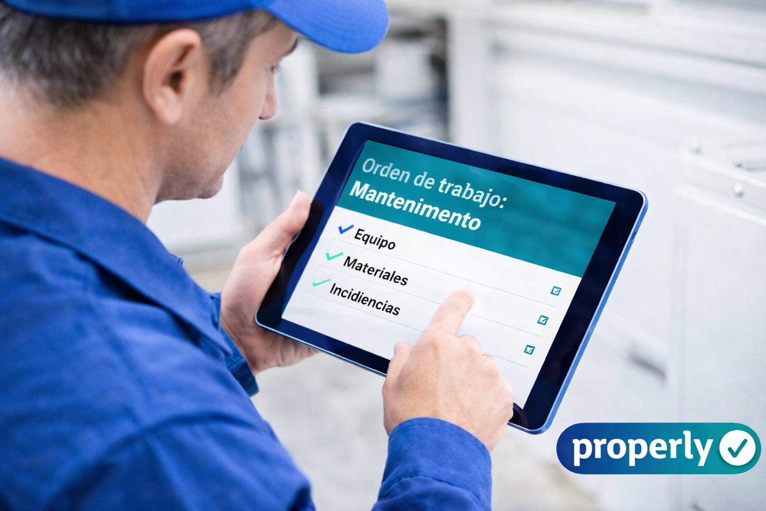 Técnico revisando una orden de trabajo de mantenimiento desde una tablet durante una intervención técnica