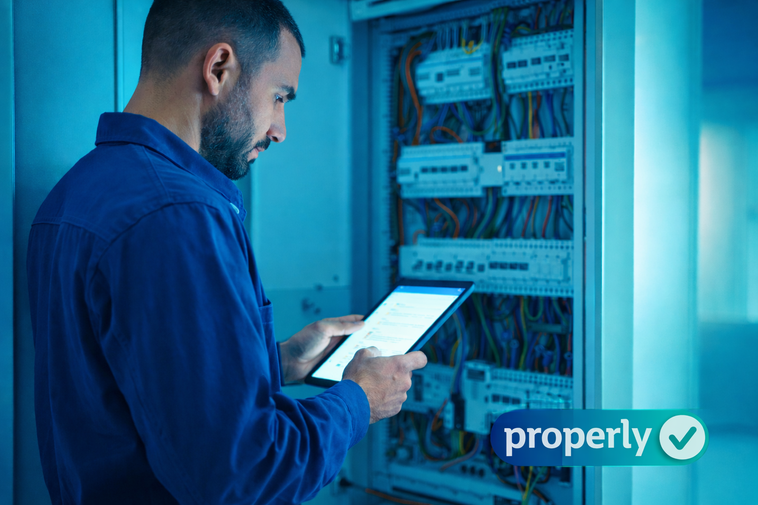 Técnico de mantenimiento revisando un cuadro eléctrico con tablet dentro de un plan de mantenimiento preventivo y correctivo